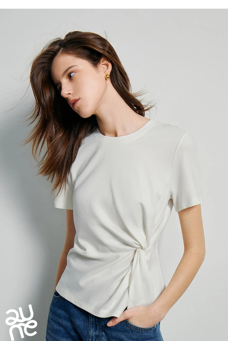 TOYOUTH Women Crop Tops 2024 Spring New Pleated Tie Irregular Solid Color Short Sleeve Women's Basic Tops