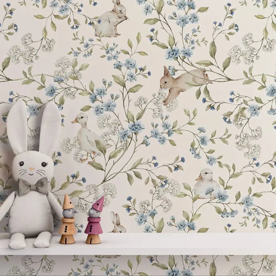 Vintage Flower & Rabbit Wallpaper