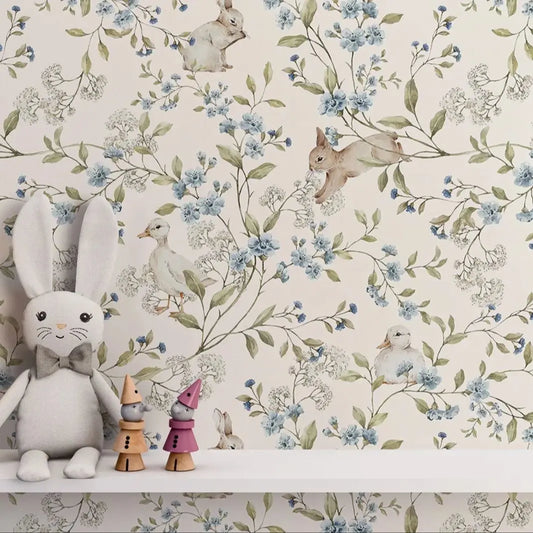 Vintage Flower & Rabbit Wallpaper