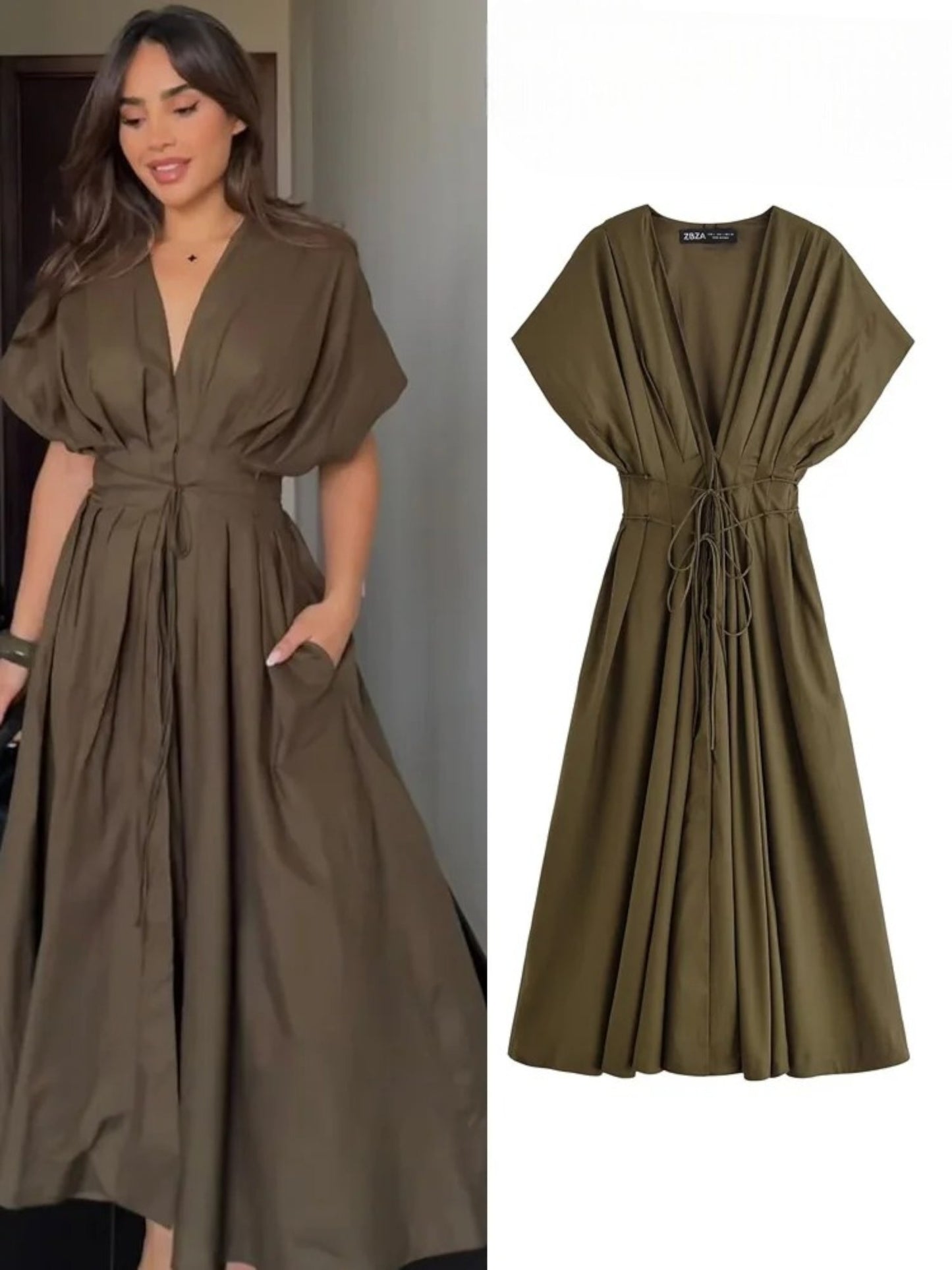 Women's V-Neck Lace-Up Midi Dress – Elegant, Backless & Summer-Ready