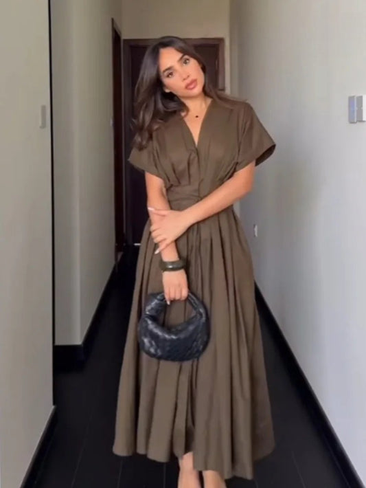Women's V-Neck Lace-Up Midi Dress – Elegant, Backless & Summer-Ready