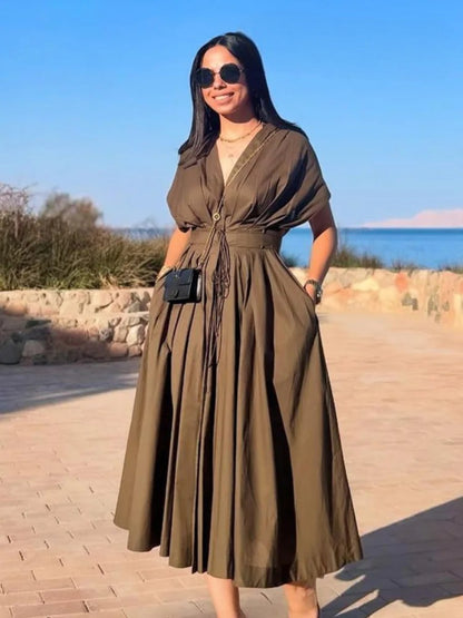 Women's V-Neck Lace-Up Midi Dress – Elegant, Backless & Summer-Ready