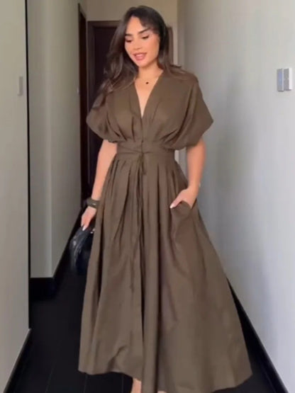 Women's V-Neck Lace-Up Midi Dress – Elegant, Backless & Summer-Ready