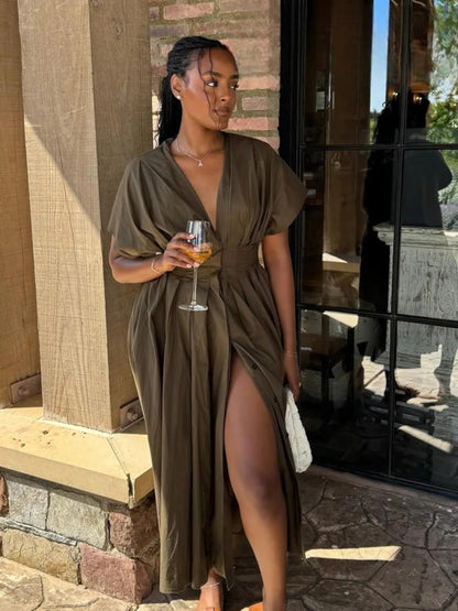 Women's V-Neck Lace-Up Midi Dress – Elegant, Backless & Summer-Ready