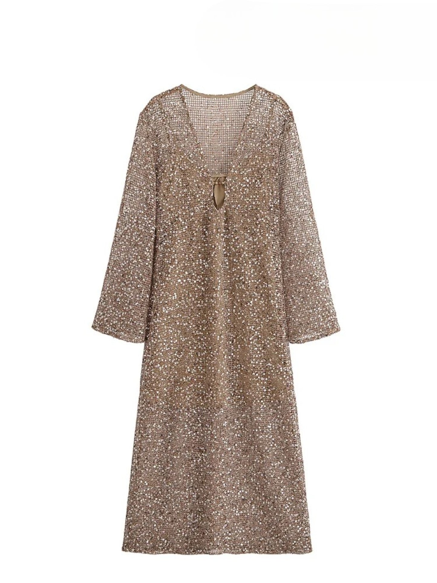 Women's Sequin-Embellished V-Neck Midi Dress – Lightweight Elegance for Summer