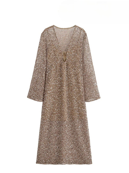 Women's Sequin-Embellished V-Neck Midi Dress – Lightweight Elegance for Summer