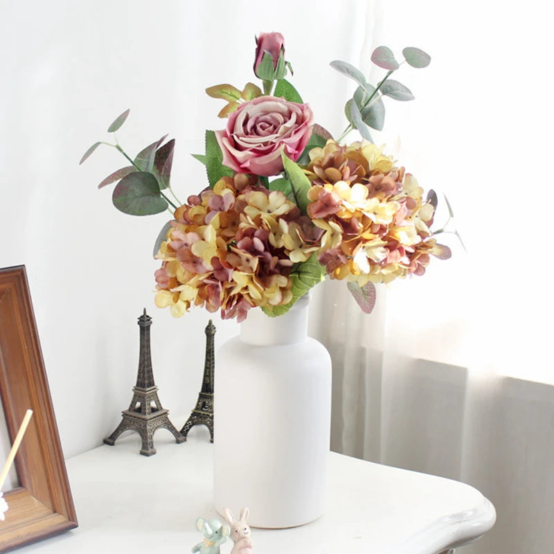 Artificial Flowers Silk Hydrangea Vase for Home Decoration Accessories Wedding Decorative Fake Plants Christmas Garland Material