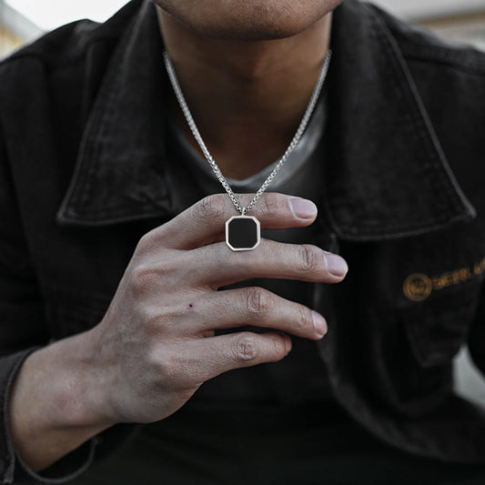 Grid Mark: Geometric Enamel Square Pendant Necklace for Men