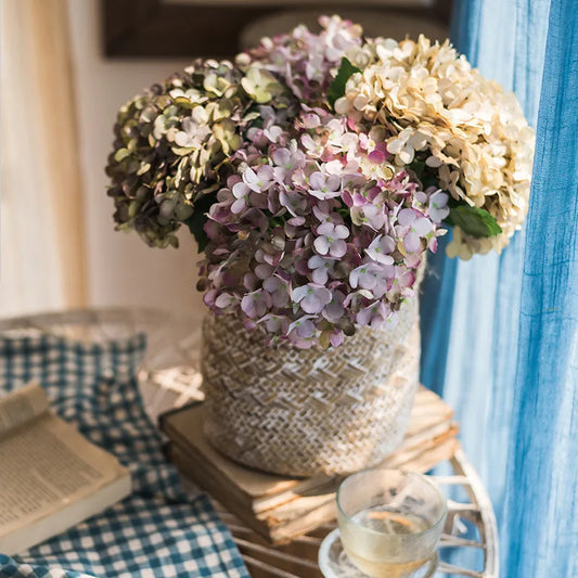 Jarrón de hortensias de seda con flores artificiales para decoración del hogar, accesorios para bodas, plantas falsas decorativas, material para guirnaldas navideñas.