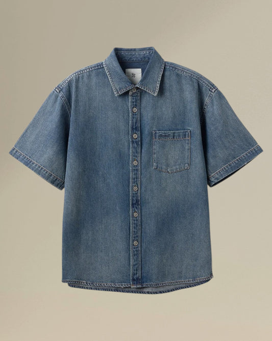 Men's Oversized Vintage Denim Shirt – 9oz Washed Short Sleeve Style