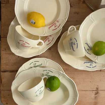 Vintage Cream Ceramic Coffee Cup & Plate Set