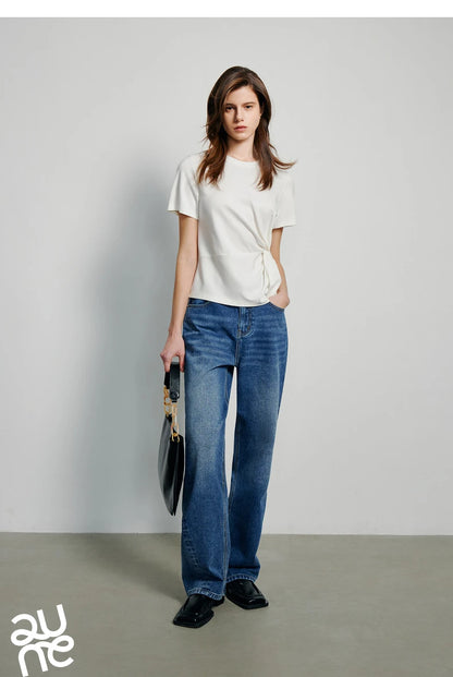 TOYOUTH Women Crop Tops 2024 Spring New Pleated Tie Irregular Solid Color Short Sleeve Women's Basic Tops