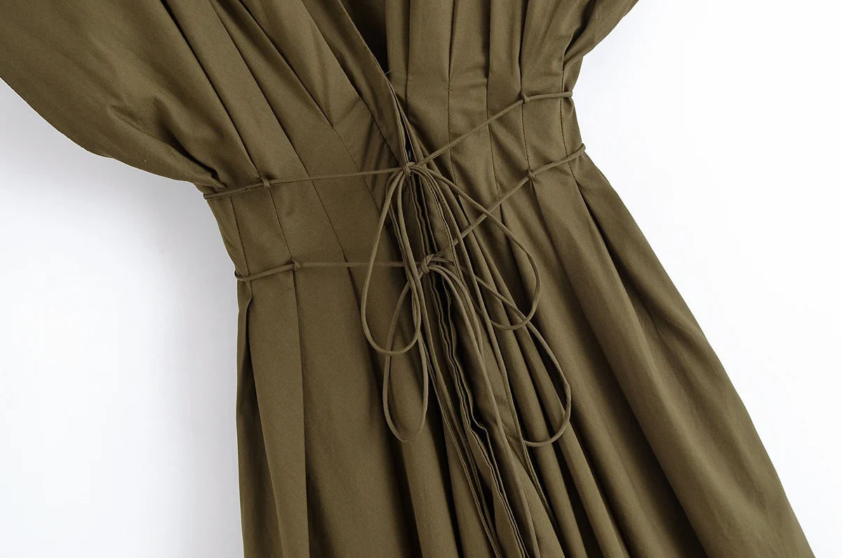 Women's V-Neck Lace-Up Midi Dress – Elegant, Backless & Summer-Ready