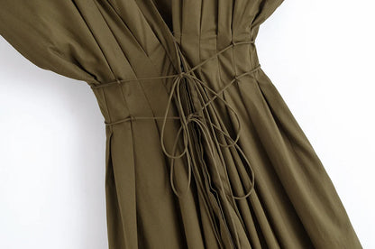 Women's V-Neck Lace-Up Midi Dress – Elegant, Backless & Summer-Ready