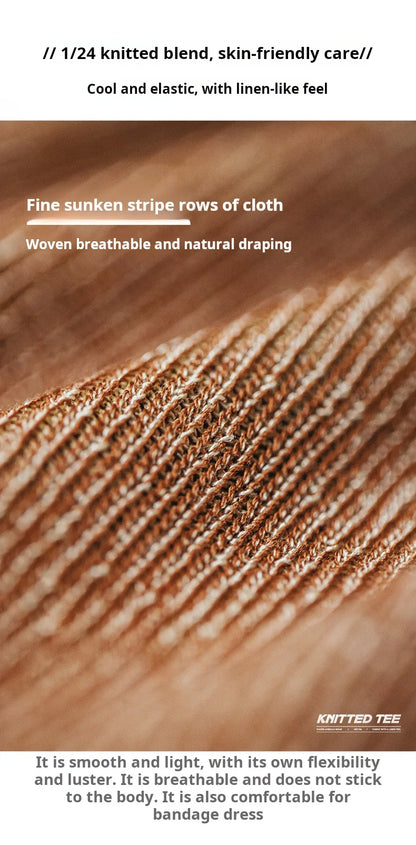 Maden New Vintage Orange Knitted Short Sleeve T-Shirt Men's Summer Loose Fit Ribbed Crew Neck Tee Breathable Casual Street Tops