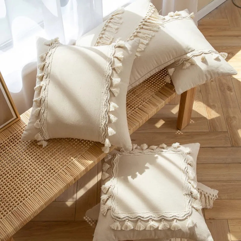 Woven Calm: Tassel Cotton-Linen Pillow Cover