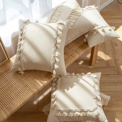 Woven Calm: Tassel Cotton-Linen Pillow Cover