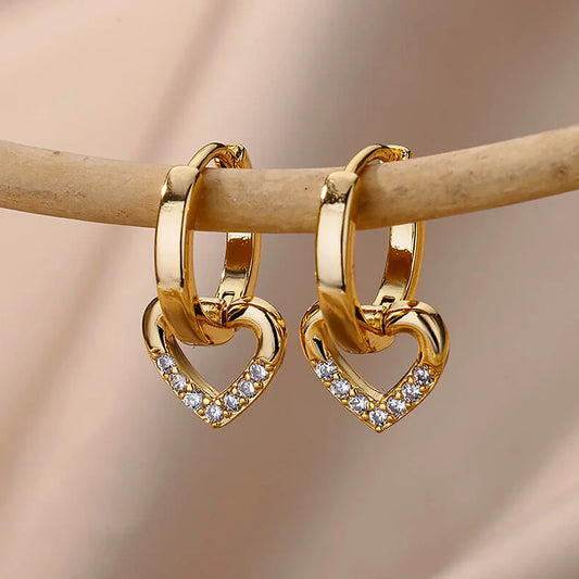 Golden Pulse: Hollow Zircon Heart Stud Earrings