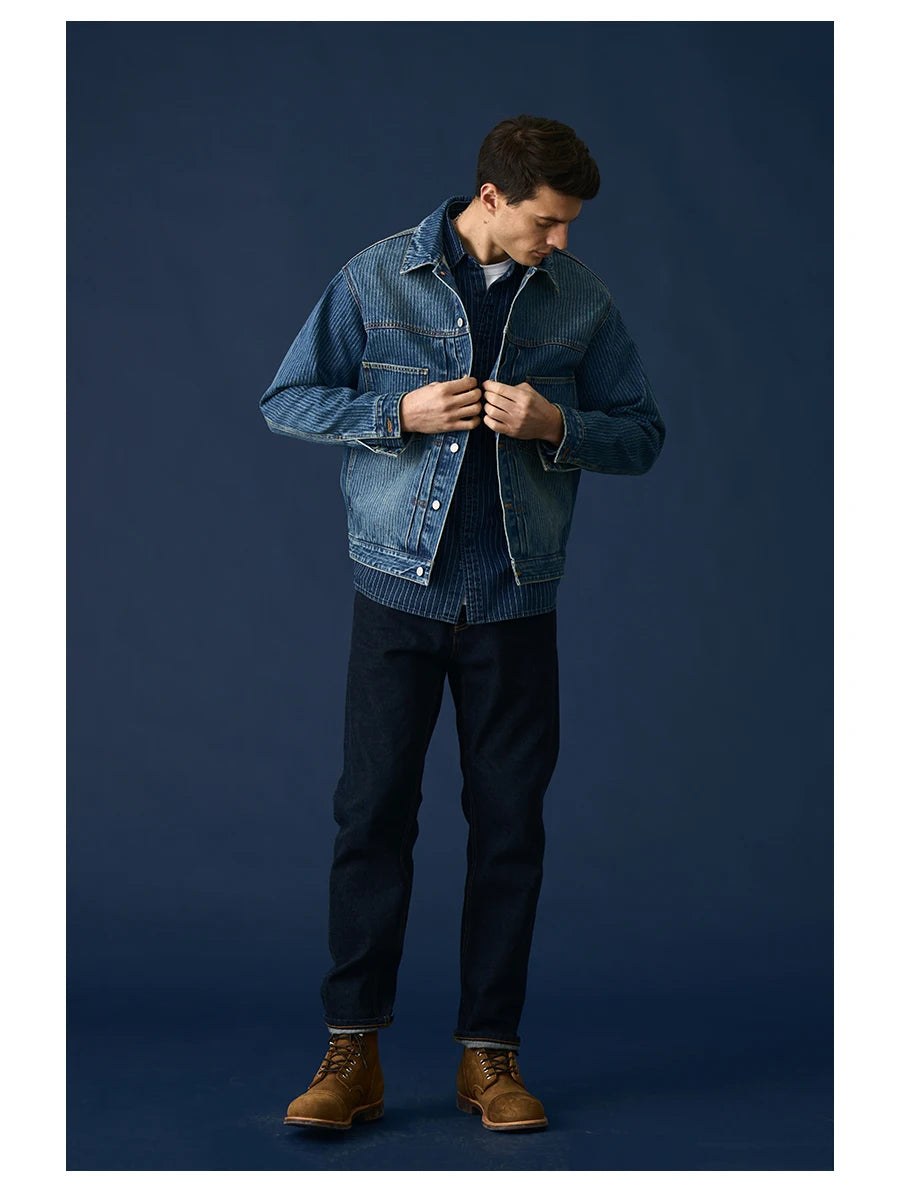 Men's Striped Denim Chore Jacket – Short Length, Oversized Utility