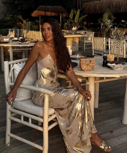 Women's Metallic Sequin Dress – Elegant A-Line Partywear with Spaghetti Straps