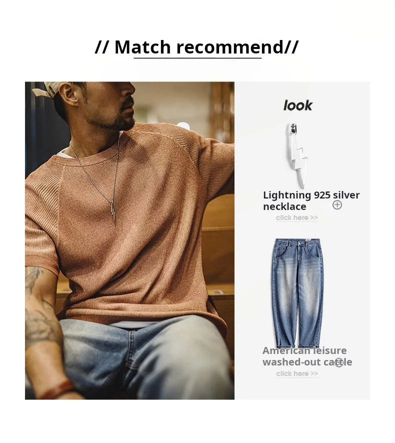 Maden New Vintage Orange Knitted Short Sleeve T-Shirt Men's Summer Loose Fit Ribbed Crew Neck Tee Breathable Casual Street Tops