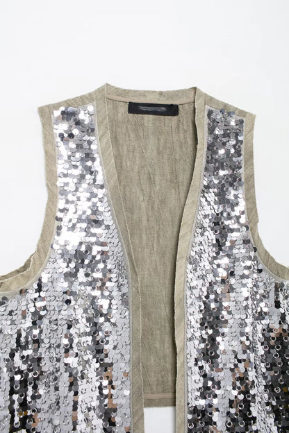Women's Glitter Sequin Open Vest – Tailored Sparkle for Autumn Nights