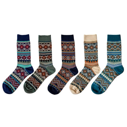 5 Pairs Red Tornado Retro Ethnic Style Pattern Jacquard Crew Socks For Boots