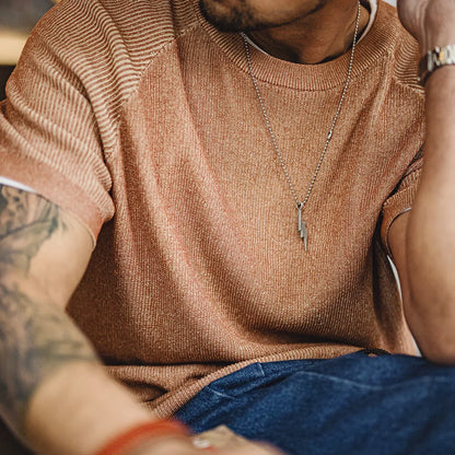 Maden New Vintage Orange Knitted Short Sleeve T-Shirt Men's Summer Loose Fit Ribbed Crew Neck Tee Breathable Casual Street Tops