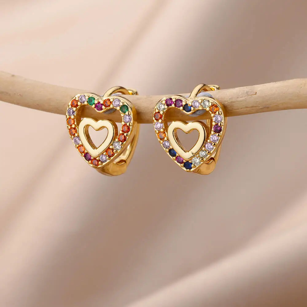Golden Pulse: Hollow Zircon Heart Stud Earrings