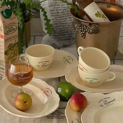 Vintage Cream Ceramic Coffee Cup & Plate Set