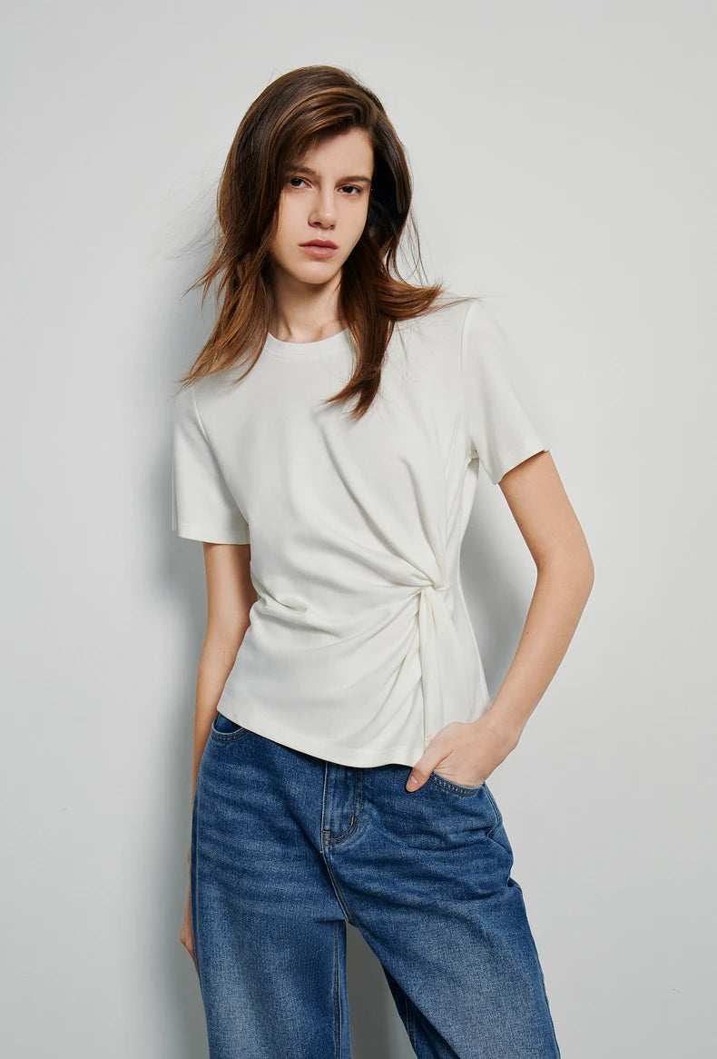 TOYOUTH Women Crop Tops 2024 Spring New Pleated Tie Irregular Solid Color Short Sleeve Women's Basic Tops