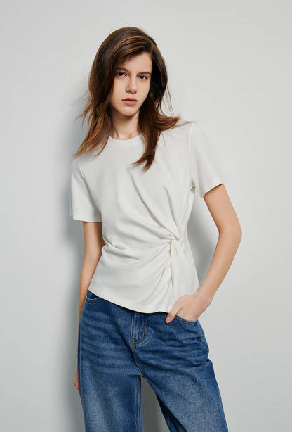 TOYOUTH Women Crop Tops 2024 Spring New Pleated Tie Irregular Solid Color Short Sleeve Women's Basic Tops