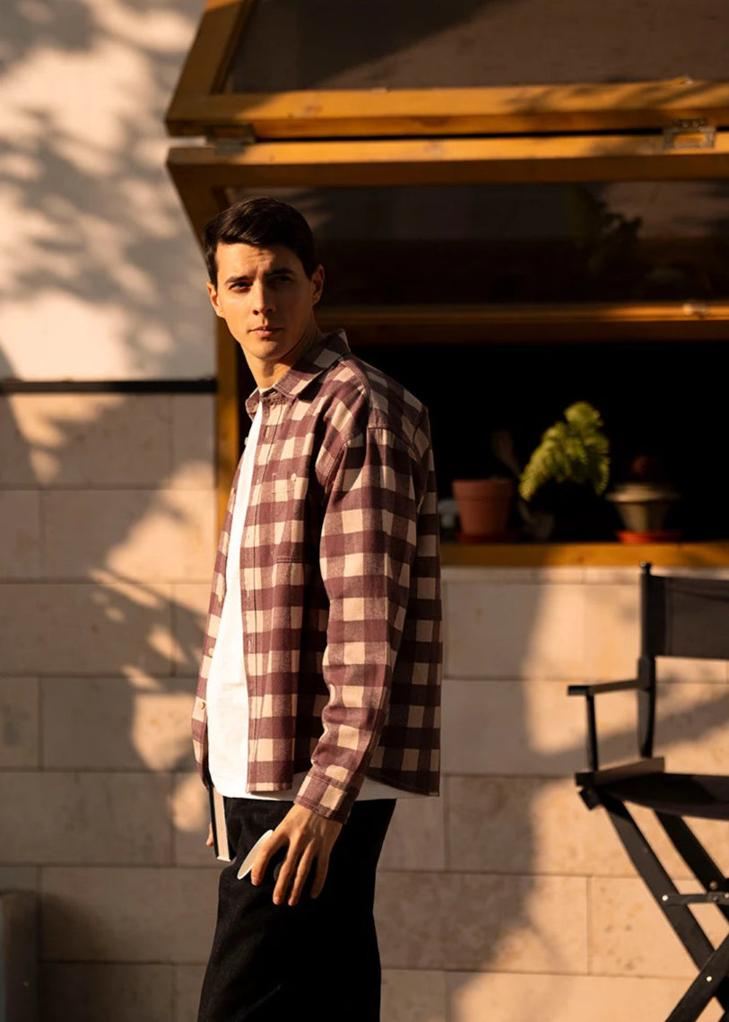 Men's Super Loose Plaid Shirt – 8oz Washed Fabric, Easy Vintage Style