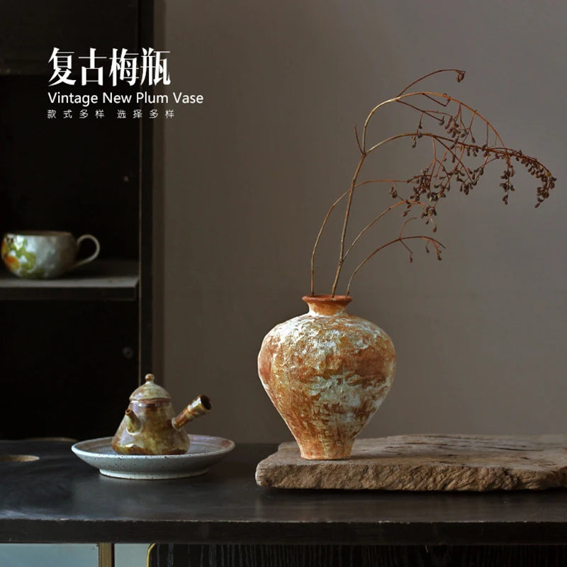 Jarrón de cerámica rugosa retro con diseño floral estilo wabi-sabi de Jingdezhen, con flores japonesas decorativas, adornos B&amp;B, macetas