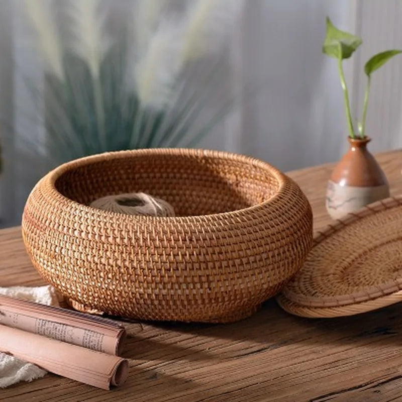 Hand-Woven Rattan Storage Basket with Lid