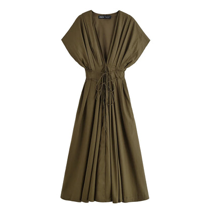 Women's V-Neck Lace-Up Midi Dress – Elegant, Backless & Summer-Ready