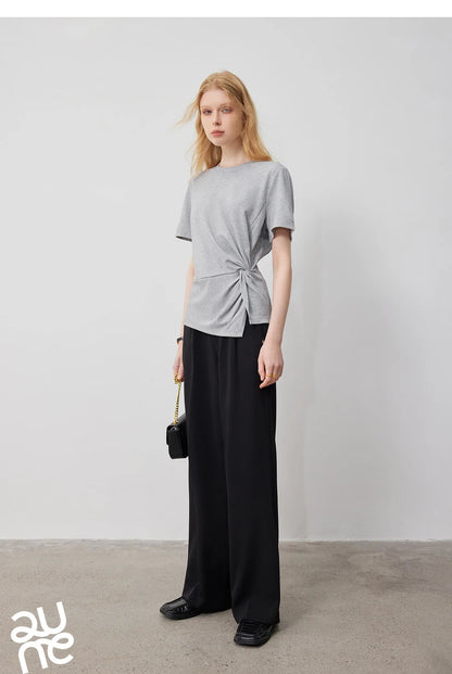 TOYOUTH Women Crop Tops 2024 Spring New Pleated Tie Irregular Solid Color Short Sleeve Women's Basic Tops