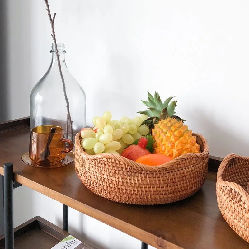 Round Handwoven Rattan Basket – Wicker Fruit, Bread & Storage Organizer