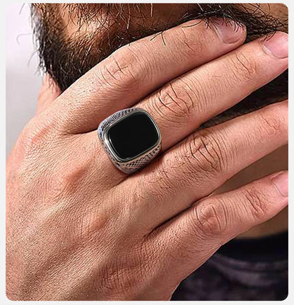 Vnox Rock Punk: Black Onyx Stainless Steel Signet Ring for Men – Bold & Timeless Statement