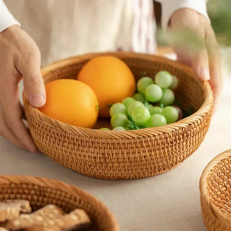 Round Handwoven Rattan Basket – Wicker Fruit, Bread & Storage Organizer