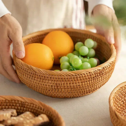 Round Handwoven Rattan Basket – Wicker Fruit, Bread & Storage Organizer
