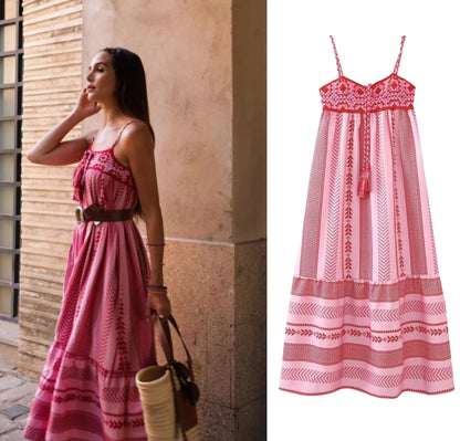 Women's Striped Hollow Detail Maxi Dress – Elegant A-Line Partywear