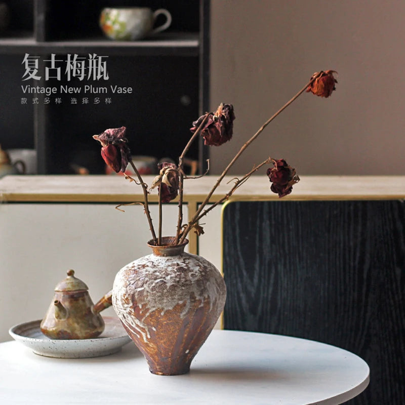 Jarrón de cerámica rugosa retro con diseño floral estilo wabi-sabi de Jingdezhen, con flores japonesas decorativas, adornos B&amp;B, macetas