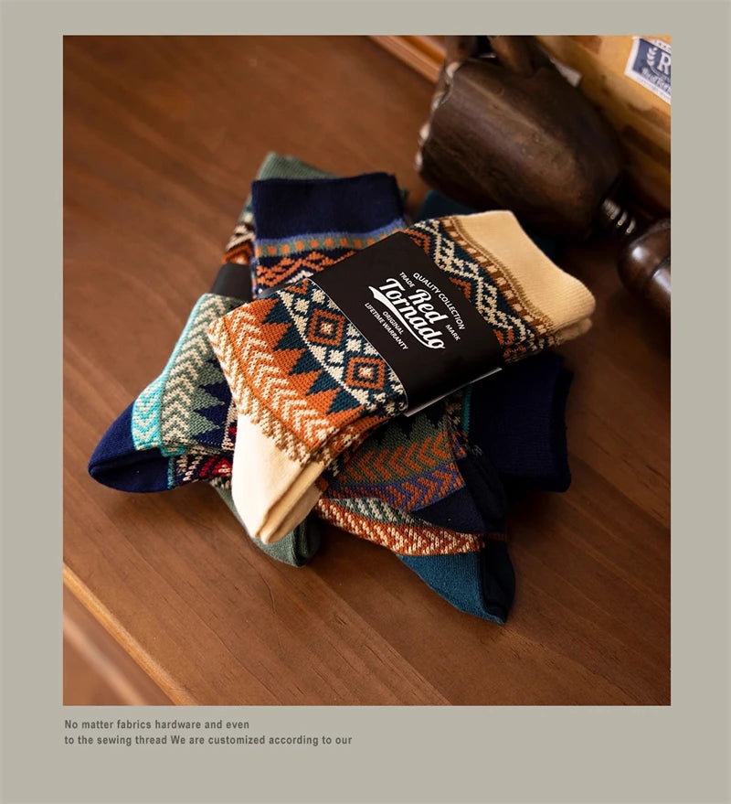 5 Pairs Red Tornado Retro Ethnic Style Pattern Jacquard Crew Socks For Boots