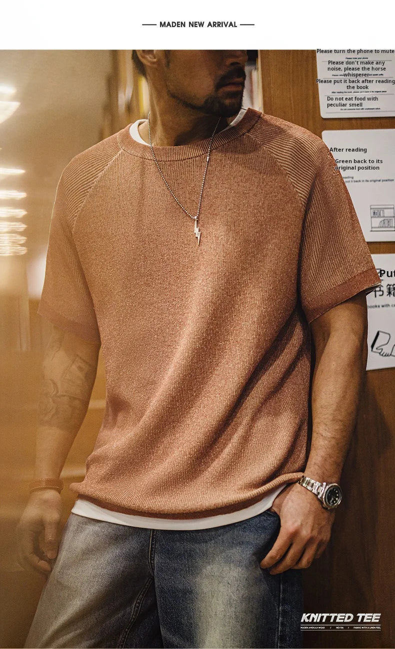 Maden New Vintage Orange Knitted Short Sleeve T-Shirt Men's Summer Loose Fit Ribbed Crew Neck Tee Breathable Casual Street Tops