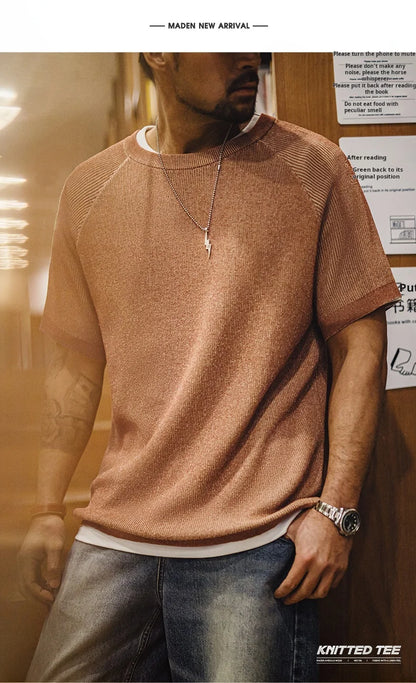 Maden New Vintage Orange Knitted Short Sleeve T-Shirt Men's Summer Loose Fit Ribbed Crew Neck Tee Breathable Casual Street Tops
