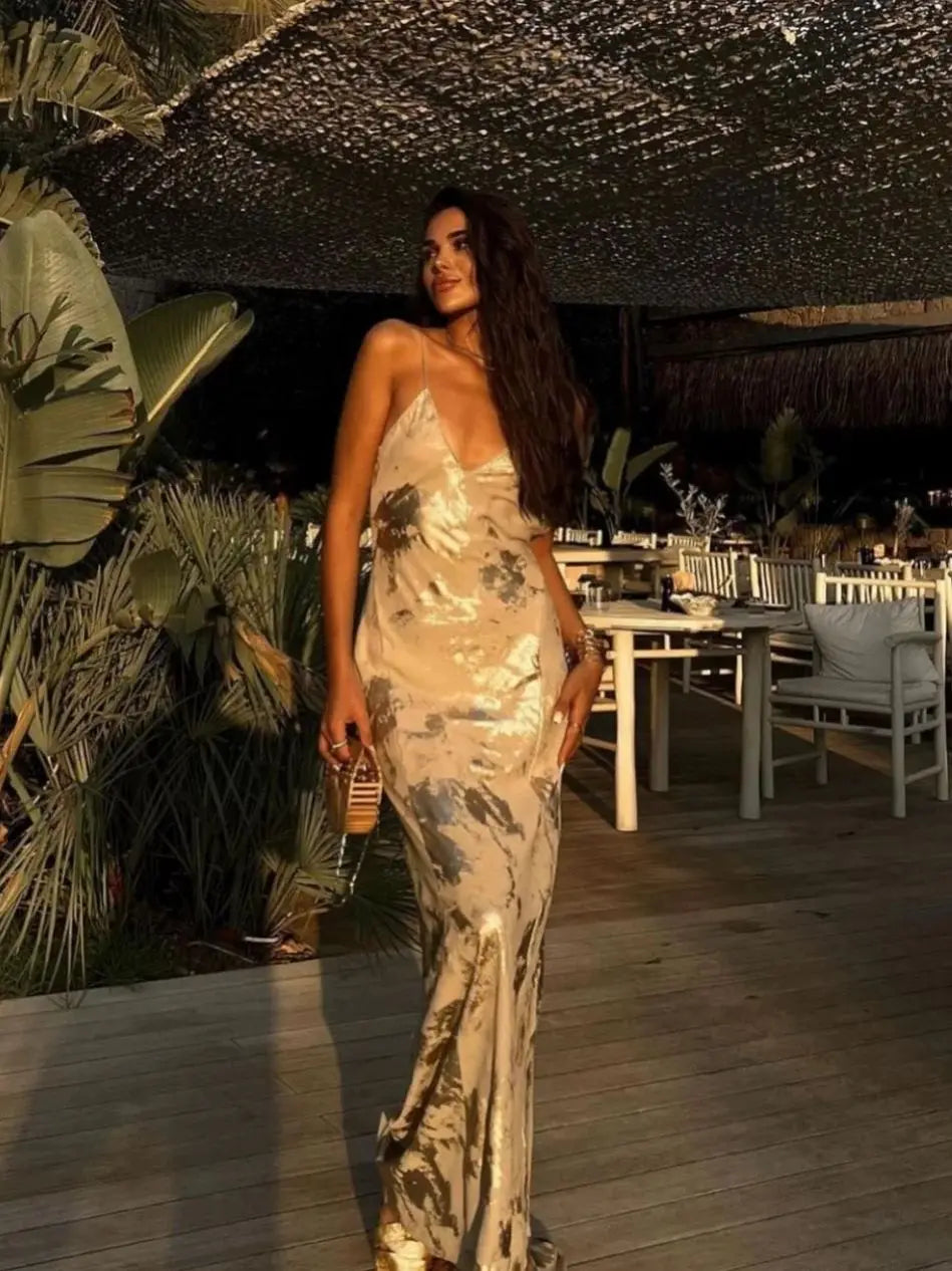 Women's Metallic Sequin Dress – Elegant A-Line Partywear with Spaghetti Straps