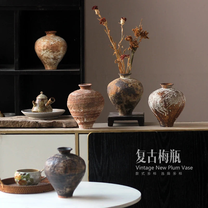 Jarrón de cerámica rugosa retro con diseño floral estilo wabi-sabi de Jingdezhen, con flores japonesas decorativas, adornos B&amp;B, macetas