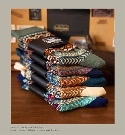 5 Pairs Red Tornado Retro Ethnic Style Pattern Jacquard Crew Socks For Boots