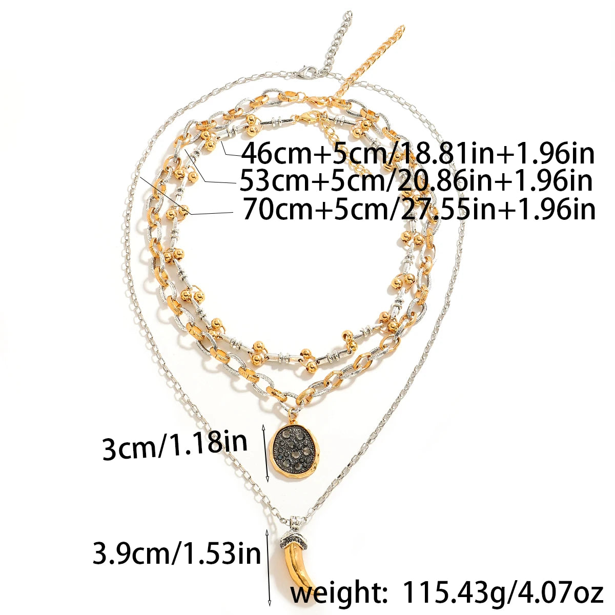 3-Piece Horn Glitter Pendant Necklace Set – Vintage-Inspired Layered Chains for Parties & Gifts